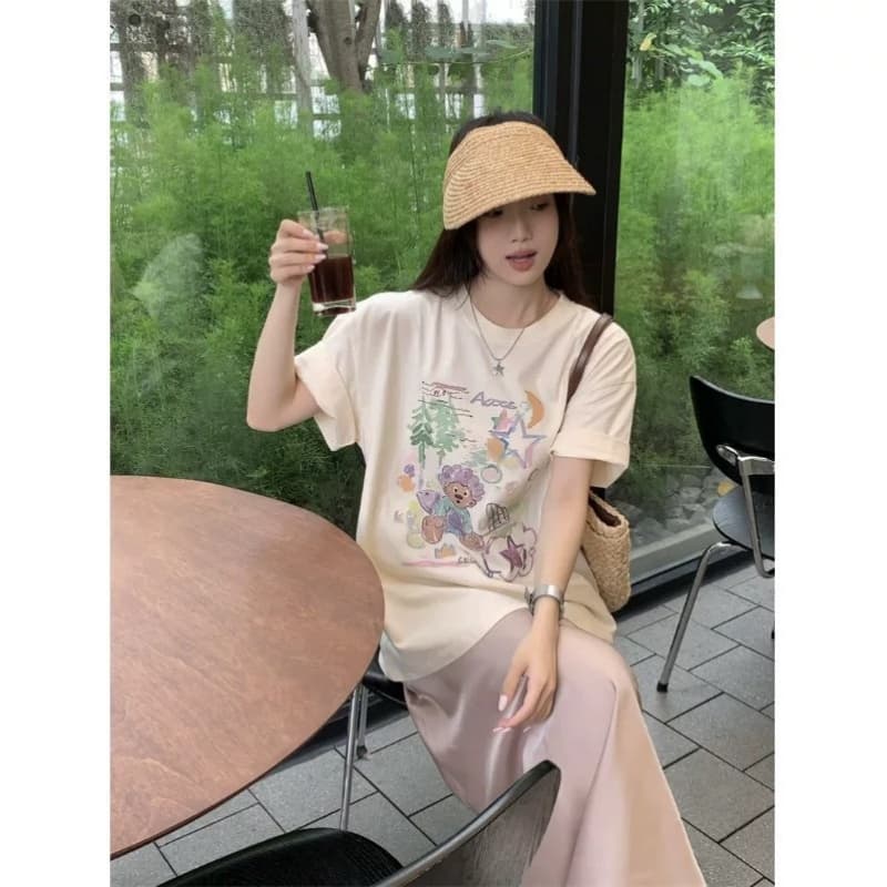 순면 빗질하다 닫기 220 그램 달콤함 귀여운 반팔 티셔츠 여성 루즈핏 다용도 재미있는 프린트 맨위 이미지 3
