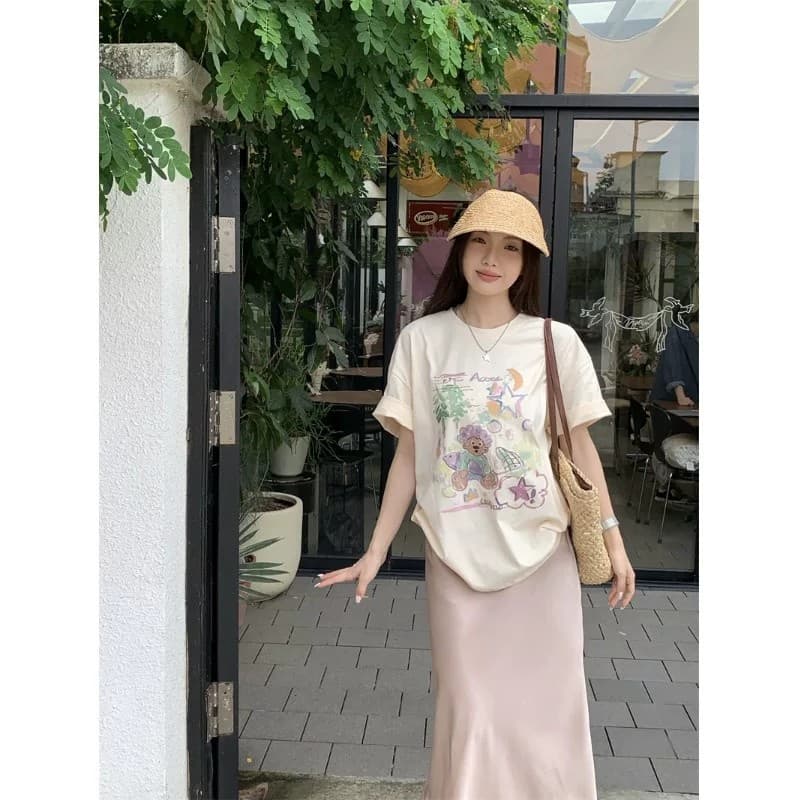 순면 빗질하다 닫기 220 그램 달콤함 귀여운 반팔 티셔츠 여성 루즈핏 다용도 재미있는 프린트 맨위 이미지 5