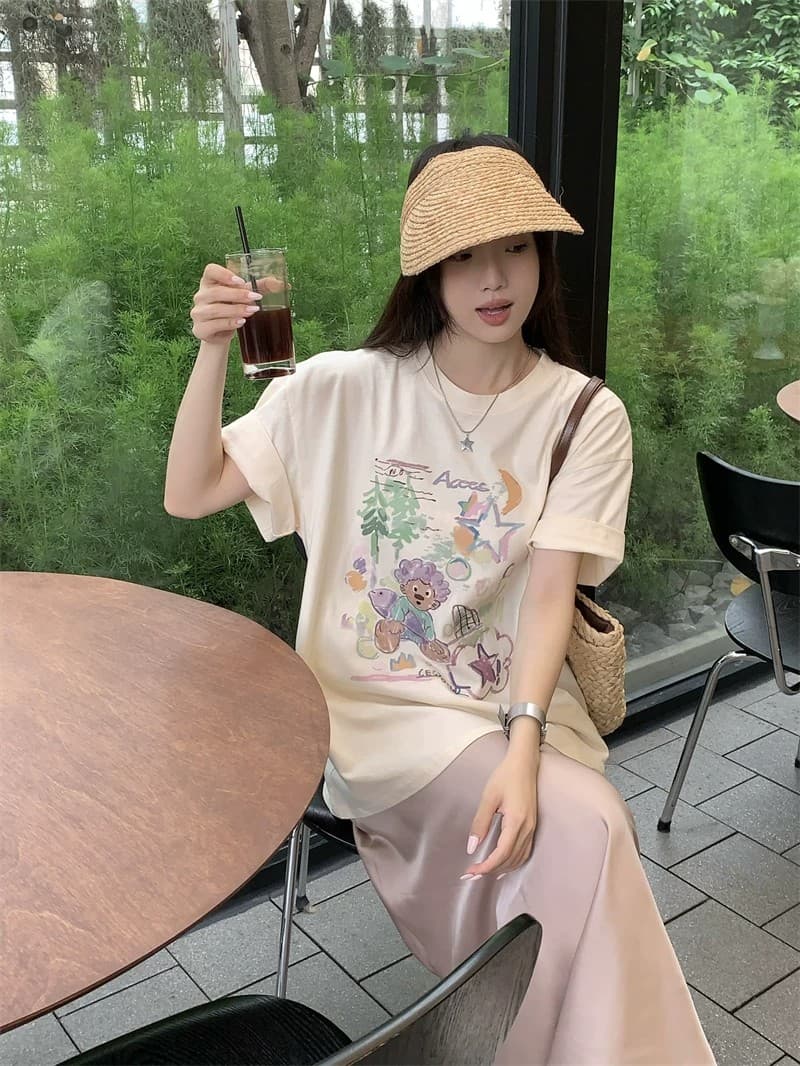 순면 빗질하다 닫기 220 그램 달콤함 귀여운 반팔 티셔츠 여성 루즈핏 다용도 재미있는 프린트 맨위 상세 이미지 2