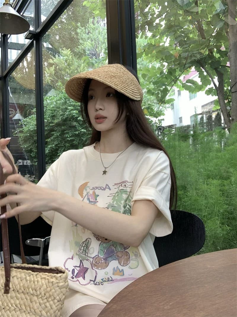 순면 빗질하다 닫기 220 그램 달콤함 귀여운 반팔 티셔츠 여성 루즈핏 다용도 재미있는 프린트 맨위 상세 이미지 3