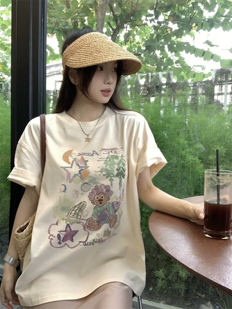 순면 빗질하다 닫기 220 그램 달콤함 귀여운 반팔 티셔츠 여성 루즈핏 다용도 재미있는 프린트 맨위 상세 이미지 6