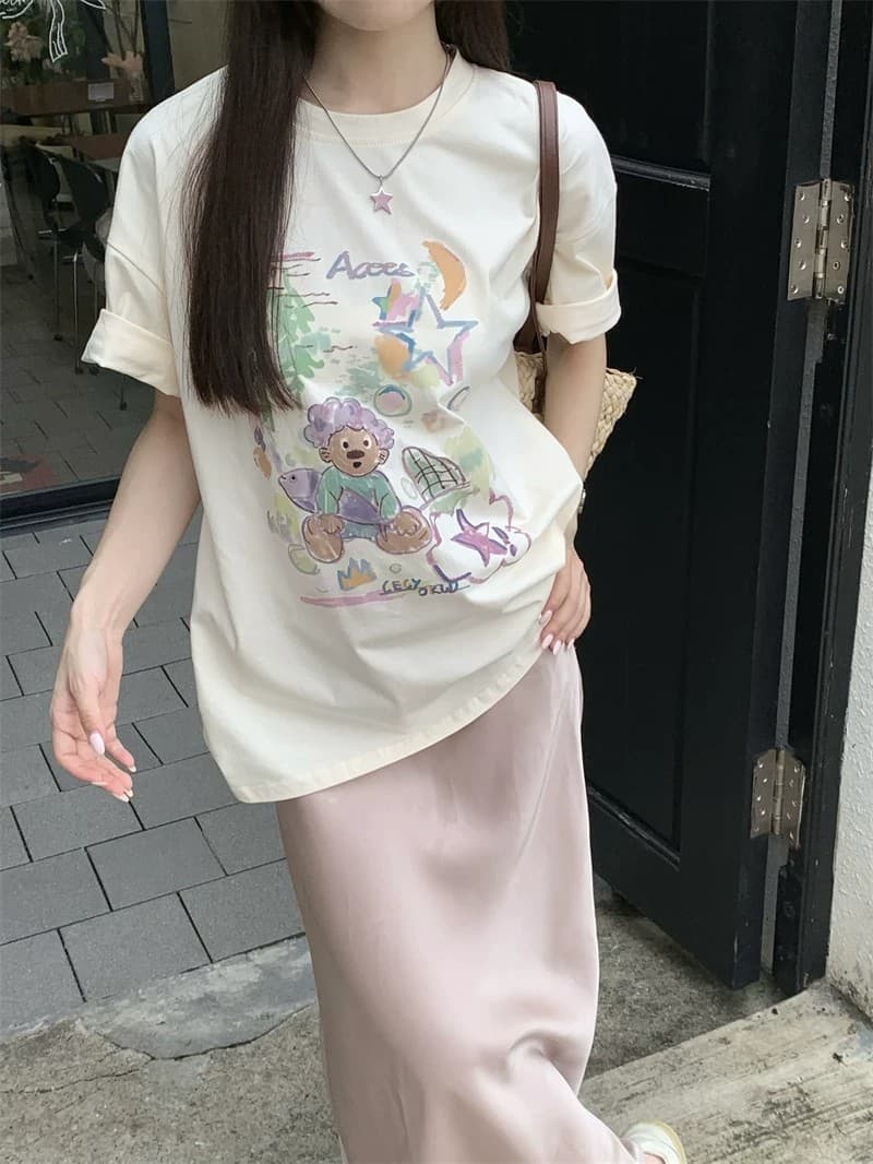 순면 빗질하다 닫기 220 그램 달콤함 귀여운 반팔 티셔츠 여성 루즈핏 다용도 재미있는 프린트 맨위 상세 이미지 7