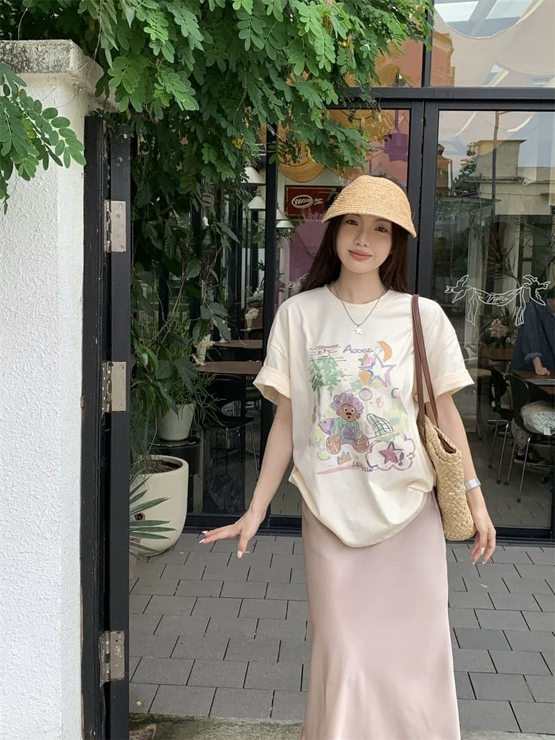 순면 빗질하다 닫기 220 그램 달콤함 귀여운 반팔 티셔츠 여성 루즈핏 다용도 재미있는 프린트 맨위 상세 이미지 8