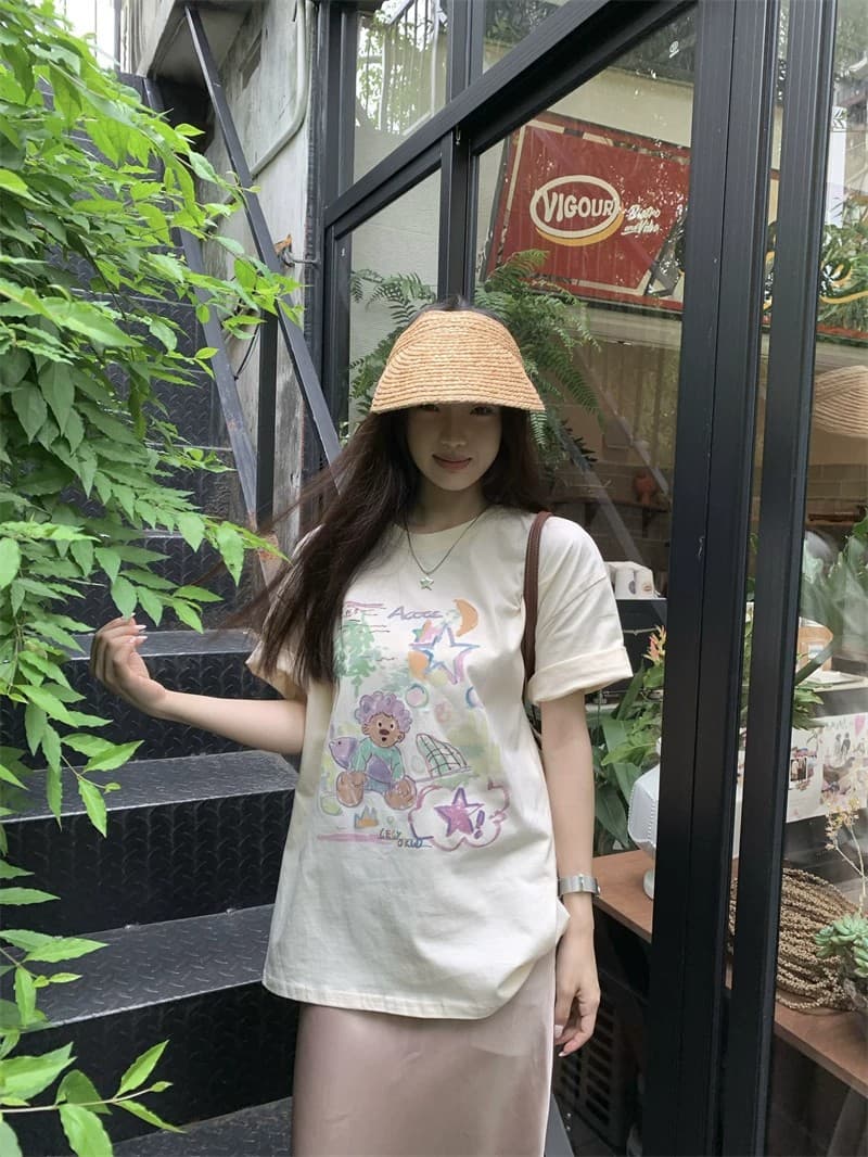 순면 빗질하다 닫기 220 그램 달콤함 귀여운 반팔 티셔츠 여성 루즈핏 다용도 재미있는 프린트 맨위 상세 이미지 9
