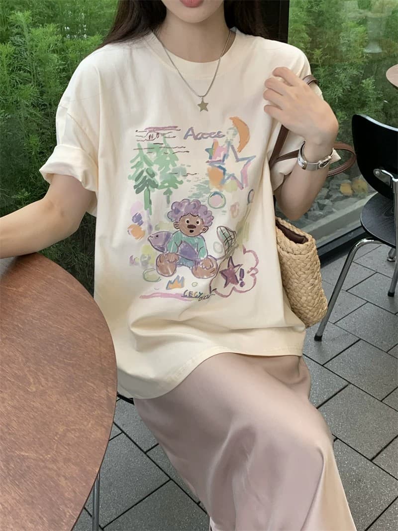순면 빗질하다 닫기 220 그램 달콤함 귀여운 반팔 티셔츠 여성 루즈핏 다용도 재미있는 프린트 맨위 상세 이미지 10