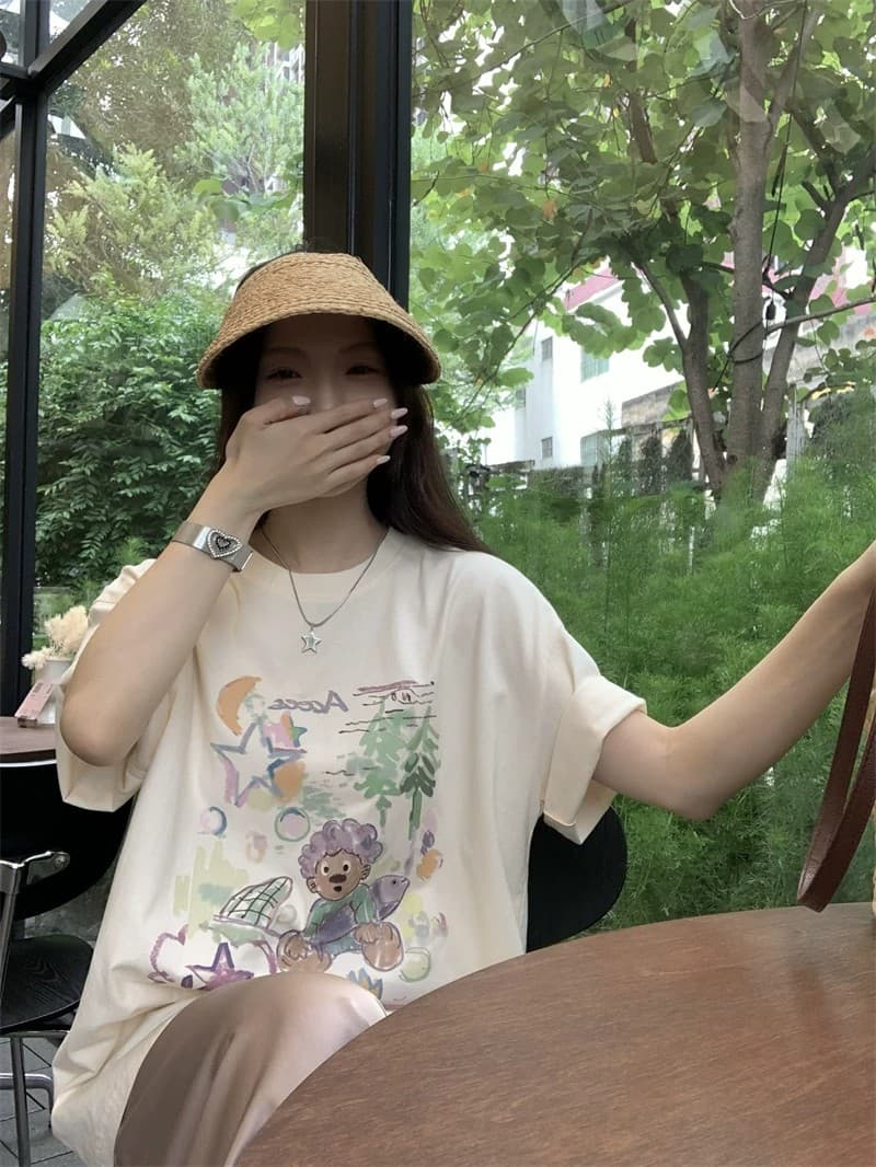순면 빗질하다 닫기 220 그램 달콤함 귀여운 반팔 티셔츠 여성 루즈핏 다용도 재미있는 프린트 맨위 상세 이미지 12