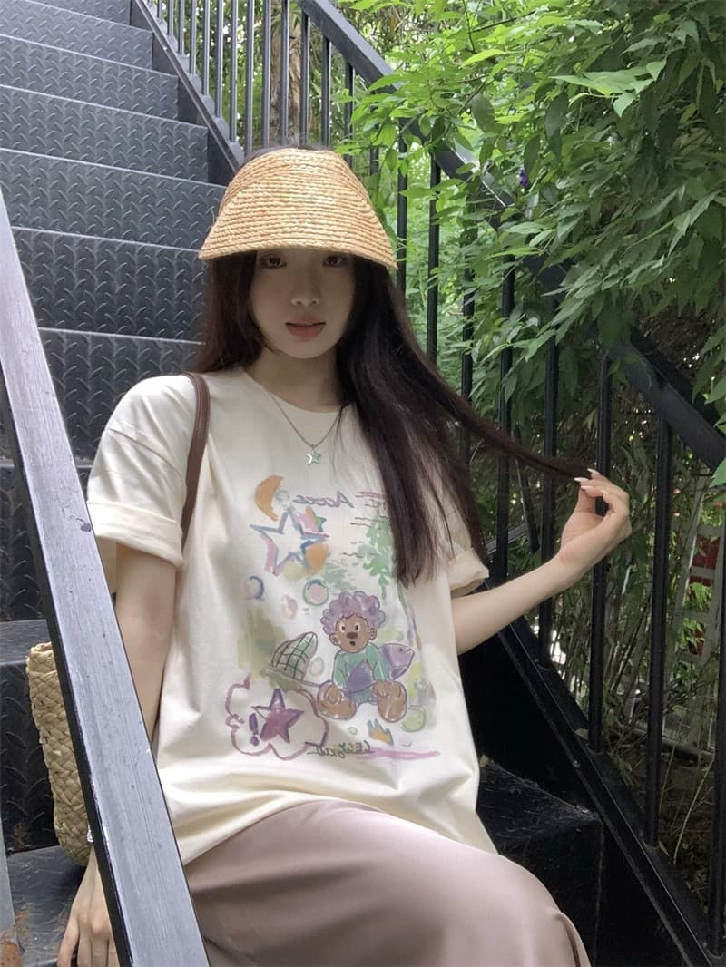 순면 빗질하다 닫기 220 그램 달콤함 귀여운 반팔 티셔츠 여성 루즈핏 다용도 재미있는 프린트 맨위 상세 이미지 13