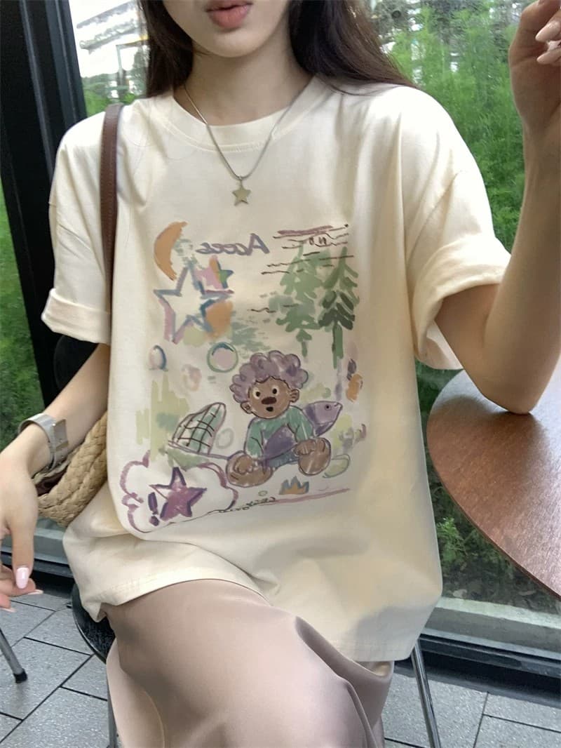 순면 빗질하다 닫기 220 그램 달콤함 귀여운 반팔 티셔츠 여성 루즈핏 다용도 재미있는 프린트 맨위 상세 이미지 15