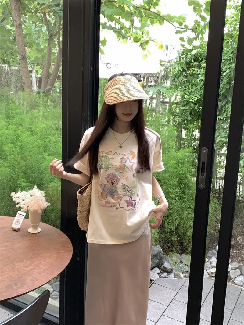 순면 빗질하다 닫기 220 그램 달콤함 귀여운 반팔 티셔츠 여성 루즈핏 다용도 재미있는 프린트 맨위 상세 이미지 16