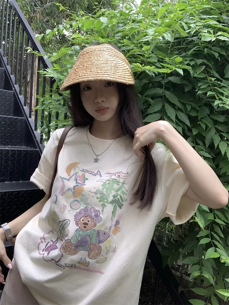 순면 빗질하다 닫기 220 그램 달콤함 귀여운 반팔 티셔츠 여성 루즈핏 다용도 재미있는 프린트 맨위 상세 이미지 17