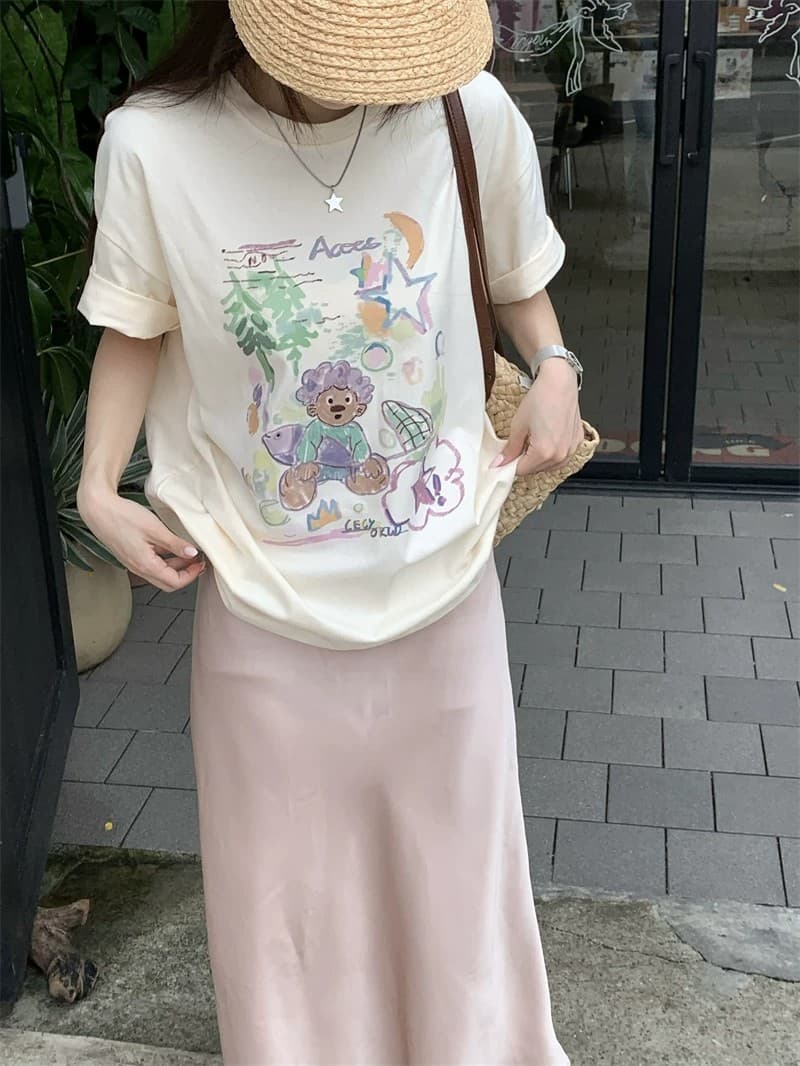 순면 빗질하다 닫기 220 그램 달콤함 귀여운 반팔 티셔츠 여성 루즈핏 다용도 재미있는 프린트 맨위 상세 이미지 21