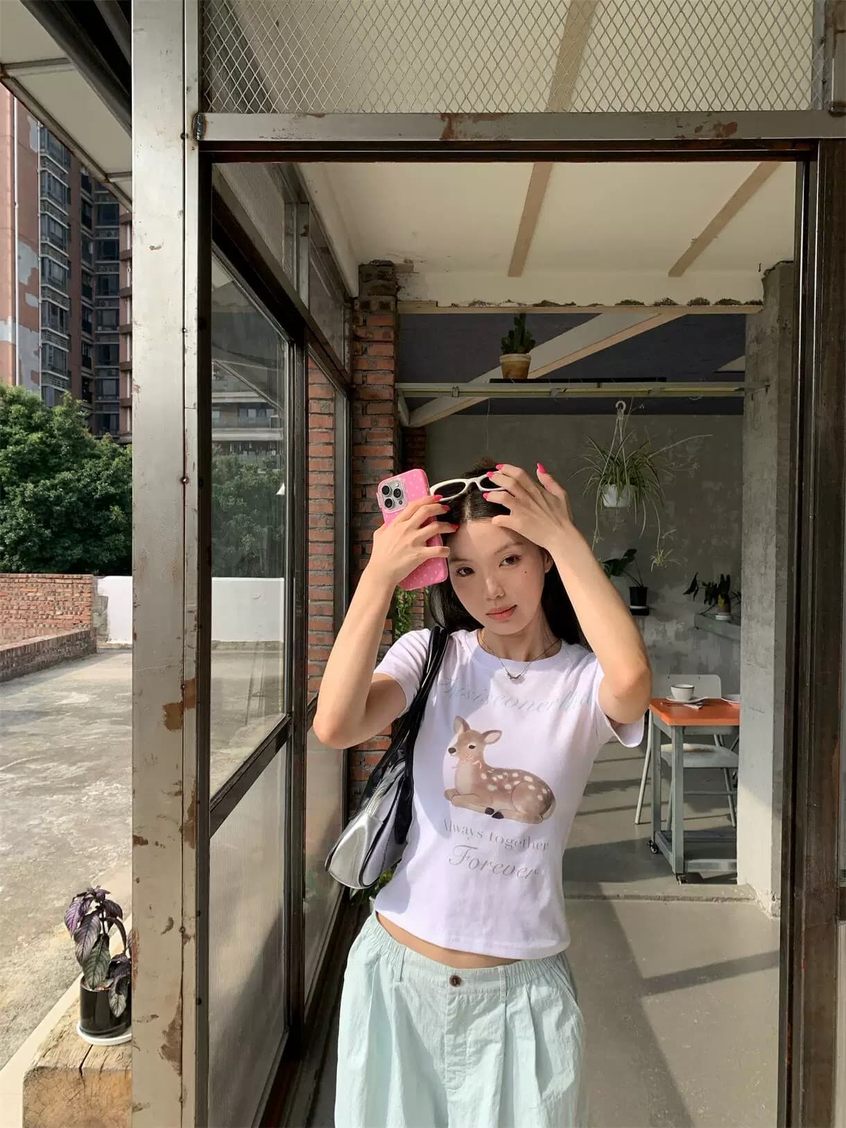 40 230 크 95 면 5 암모니아 Lun 이후 패키지 칼라 달콤함 귀여운 작은 사슴 프린트 긍정적 인 어깨 반팔 티셔츠 상세 이미지 9