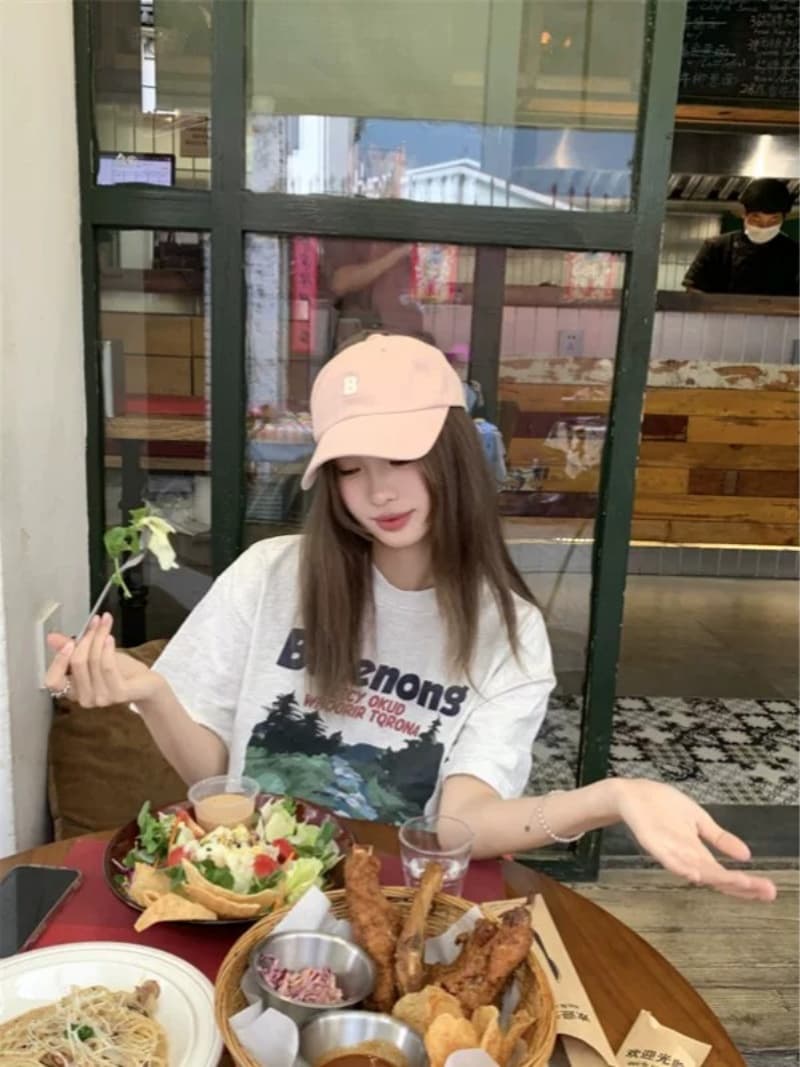 순면 빗질하다 닫기 220 그램 아메리칸 레트로 프린트 라운드 넥 반팔 티셔츠 여성 여름 회색 캐주얼 이미지 3