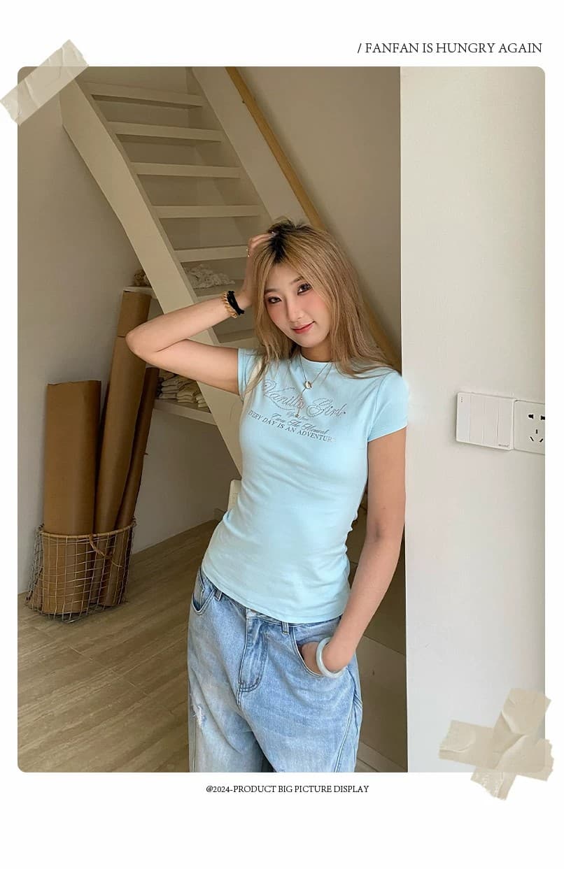 원본 은 분말 프린트 핫픽스 40 95 면 230 크 순면 아메리칸 라운드 넥 슬림해 보이는 긍정적 인 어깨 반팔 여성 상세 이미지 2