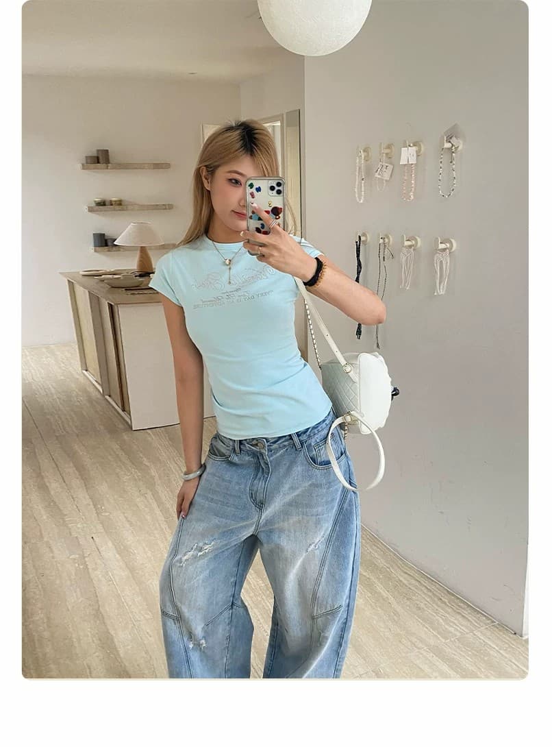 원본 은 분말 프린트 핫픽스 40 95 면 230 크 순면 아메리칸 라운드 넥 슬림해 보이는 긍정적 인 어깨 반팔 여성 상세 이미지 7