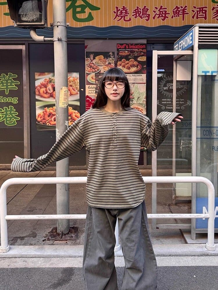 원본 원단 240 그램 조수 브랜드 더블 실 고급 빗질된 면 헨리 칼라 긍정적 인 어깨 스트라이프 긴팔 티셔츠 여성 루즈핏 이미지 3