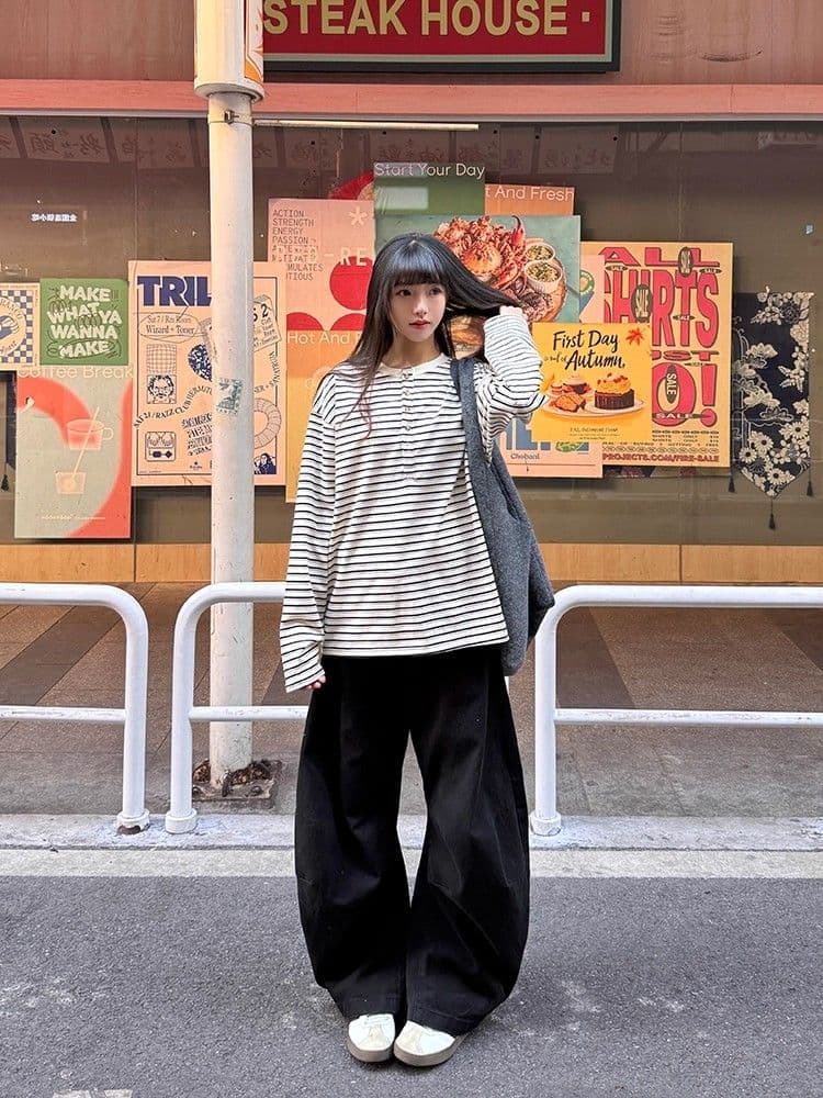 원본 원단 240 그램 조수 브랜드 더블 실 고급 빗질된 면 헨리 칼라 긍정적 인 어깨 스트라이프 긴팔 티셔츠 여성 루즈핏 이미지 2