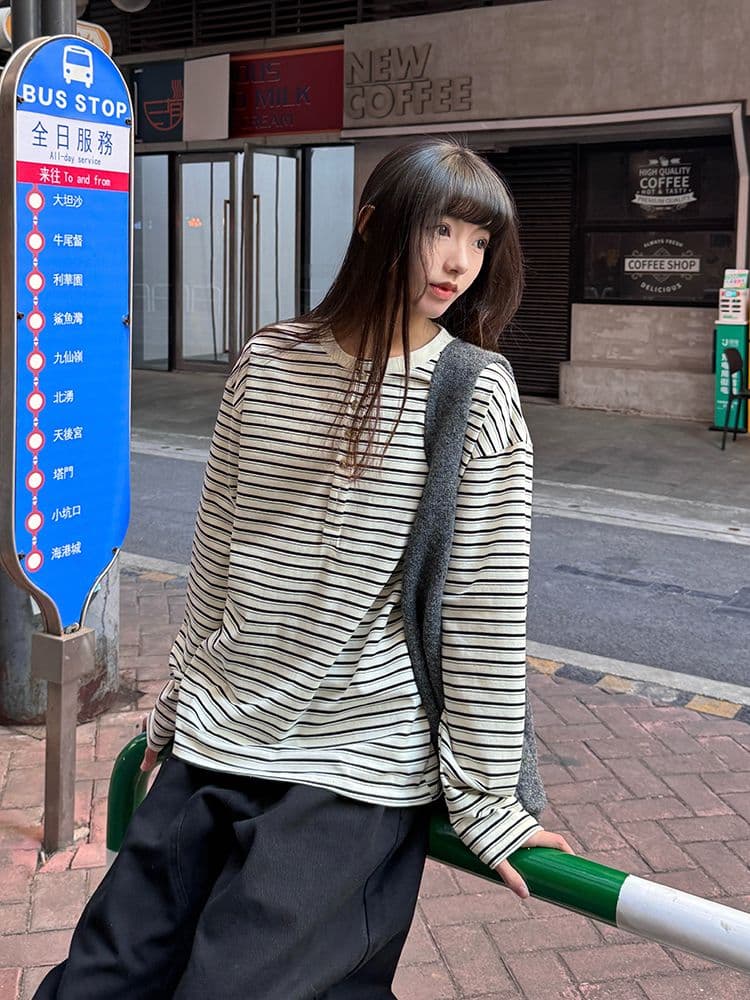 원본 원단 240 그램 조수 브랜드 더블 실 고급 빗질된 면 헨리 칼라 긍정적 인 어깨 스트라이프 긴팔 티셔츠 여성 루즈핏 상세 이미지 2