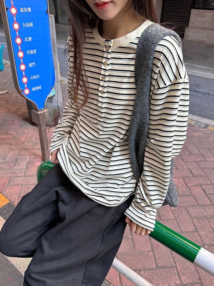 원본 원단 240 그램 조수 브랜드 더블 실 고급 빗질된 면 헨리 칼라 긍정적 인 어깨 스트라이프 긴팔 티셔츠 여성 루즈핏 상세 이미지 3