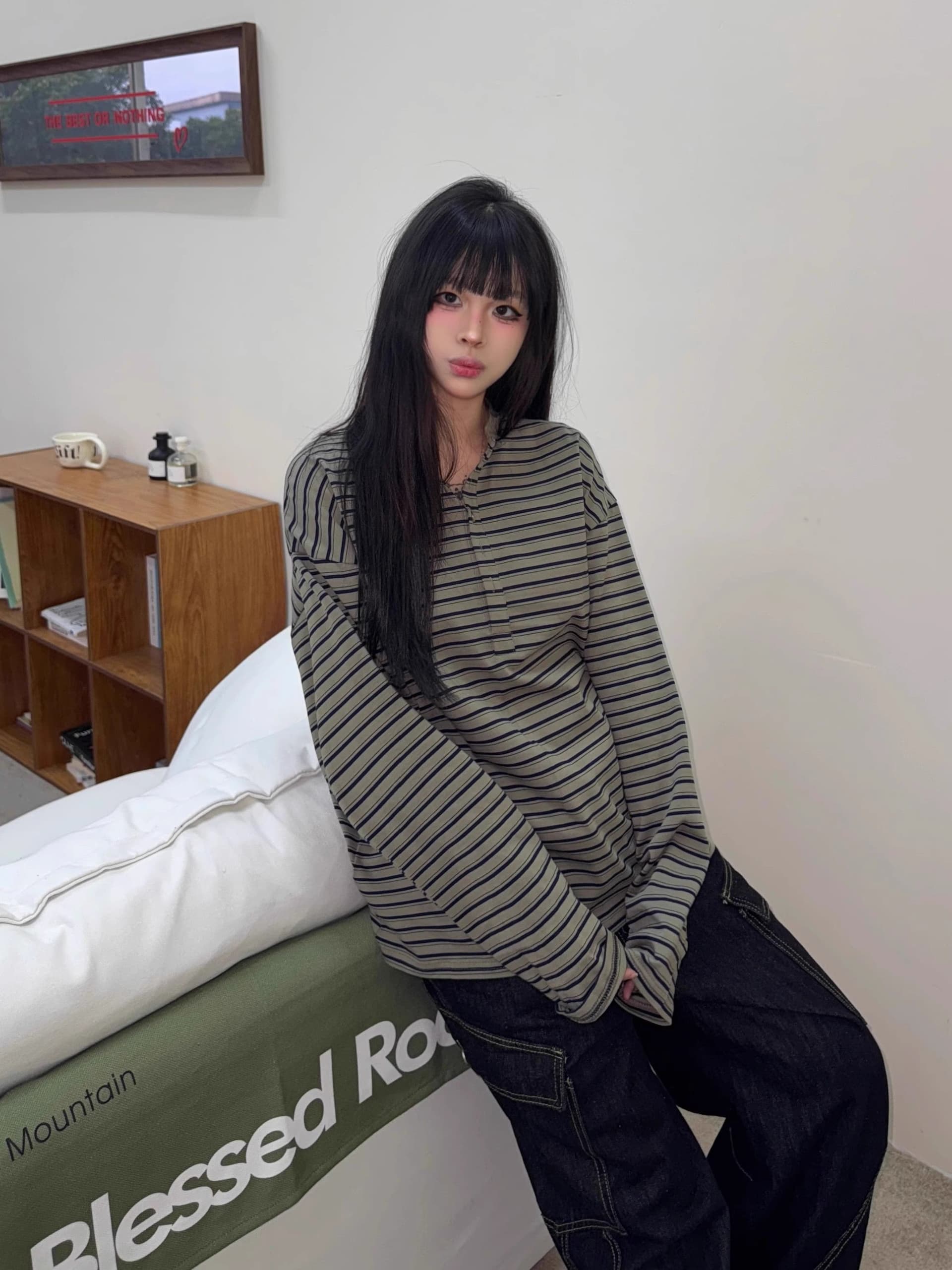원본 원단 240 그램 조수 브랜드 더블 실 고급 빗질된 면 헨리 칼라 느긋한 바람 긴팔 티셔츠 여성 봄 새로운 이미지 4