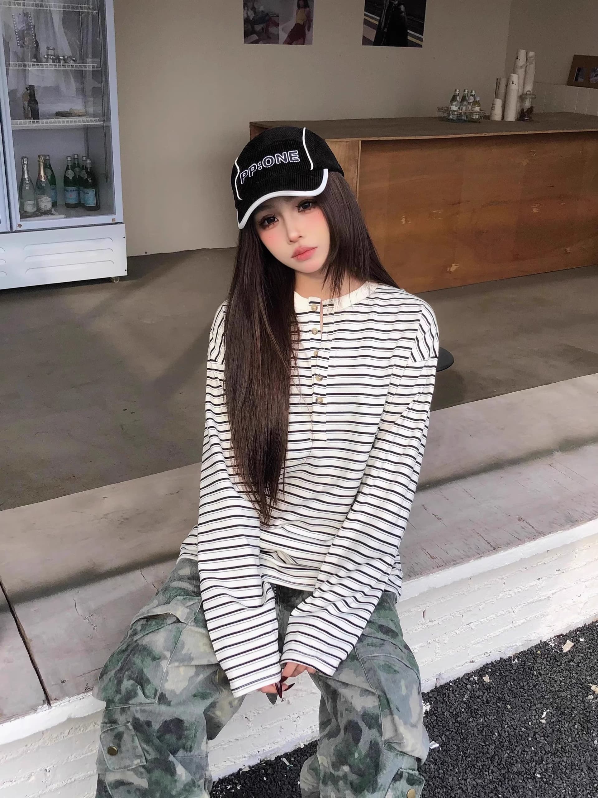원본 원단 240 그램 조수 브랜드 더블 실 고급 빗질된 면 헨리 칼라 느긋한 바람 긴팔 티셔츠 여성 봄 새로운 상세 이미지 6