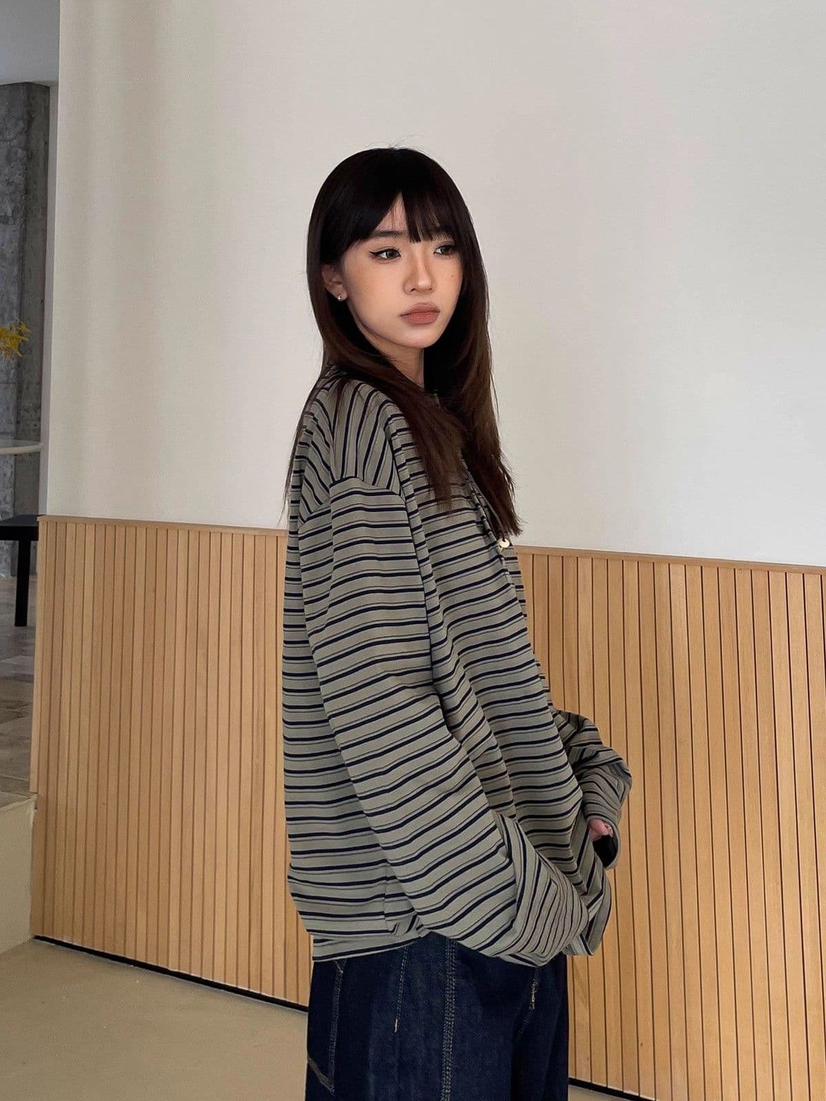 원본 원단 240 그램 조수 브랜드 더블 실 고급 빗질된 면 스트라이프 라운드 넥 긴팔 티셔츠 여성 봄 아메리칸 이미지 3