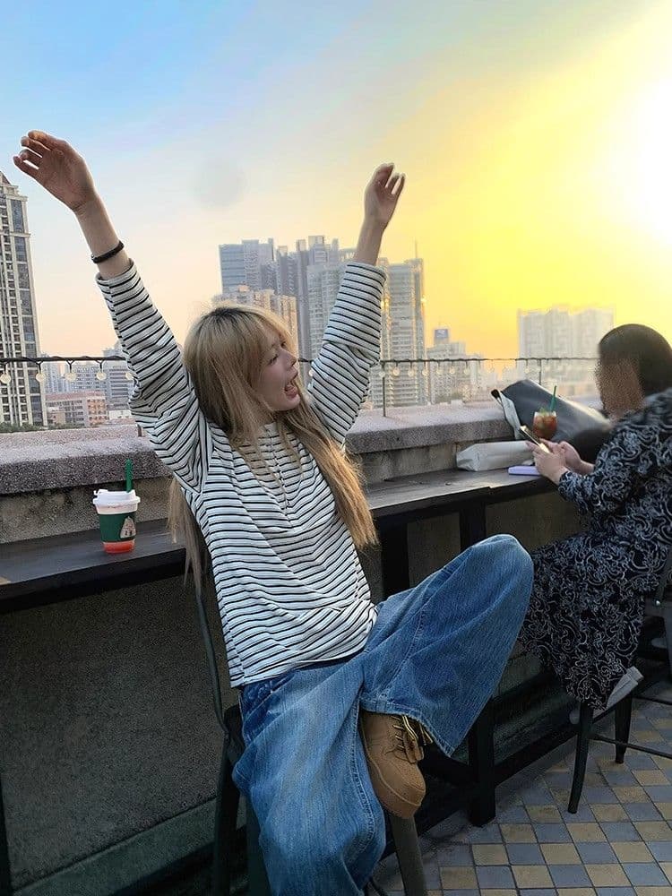 원본 원단 240 그램 조수 브랜드 더블 실 고급 빗질된 면 스트라이프 라운드 넥 긴팔 티셔츠 여성 봄 아메리칸 이미지 4