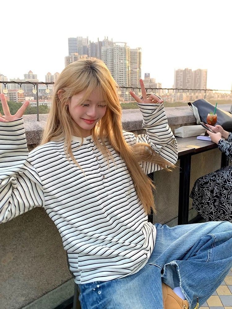 원본 원단 240 그램 조수 브랜드 더블 실 고급 빗질된 면 스트라이프 라운드 넥 긴팔 티셔츠 여성 봄 아메리칸 상세 이미지 2