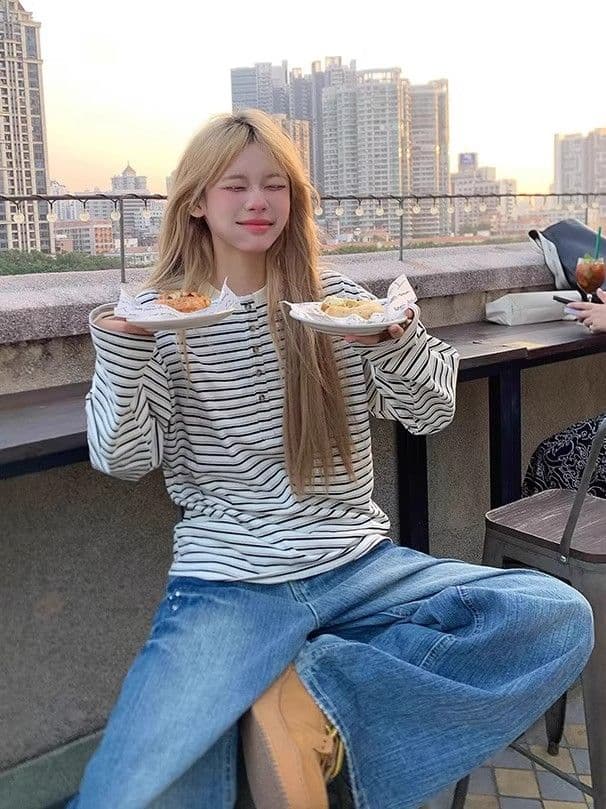 원본 원단 240 그램 조수 브랜드 더블 실 고급 빗질된 면 스트라이프 라운드 넥 긴팔 티셔츠 여성 봄 아메리칸 상세 이미지 4