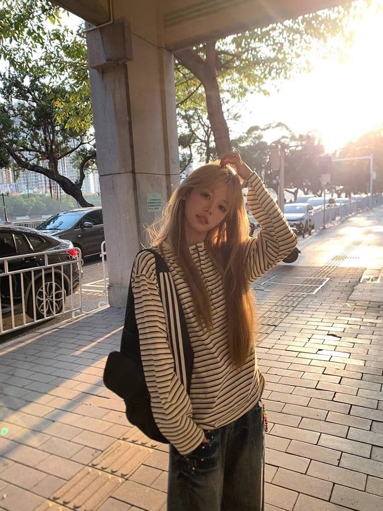 원본 원단 240 그램 조수 브랜드 더블 실 고급 빗질된 면 스트라이프 라운드 넥 긴팔 티셔츠 여성 봄 아메리칸 상세 이미지 6