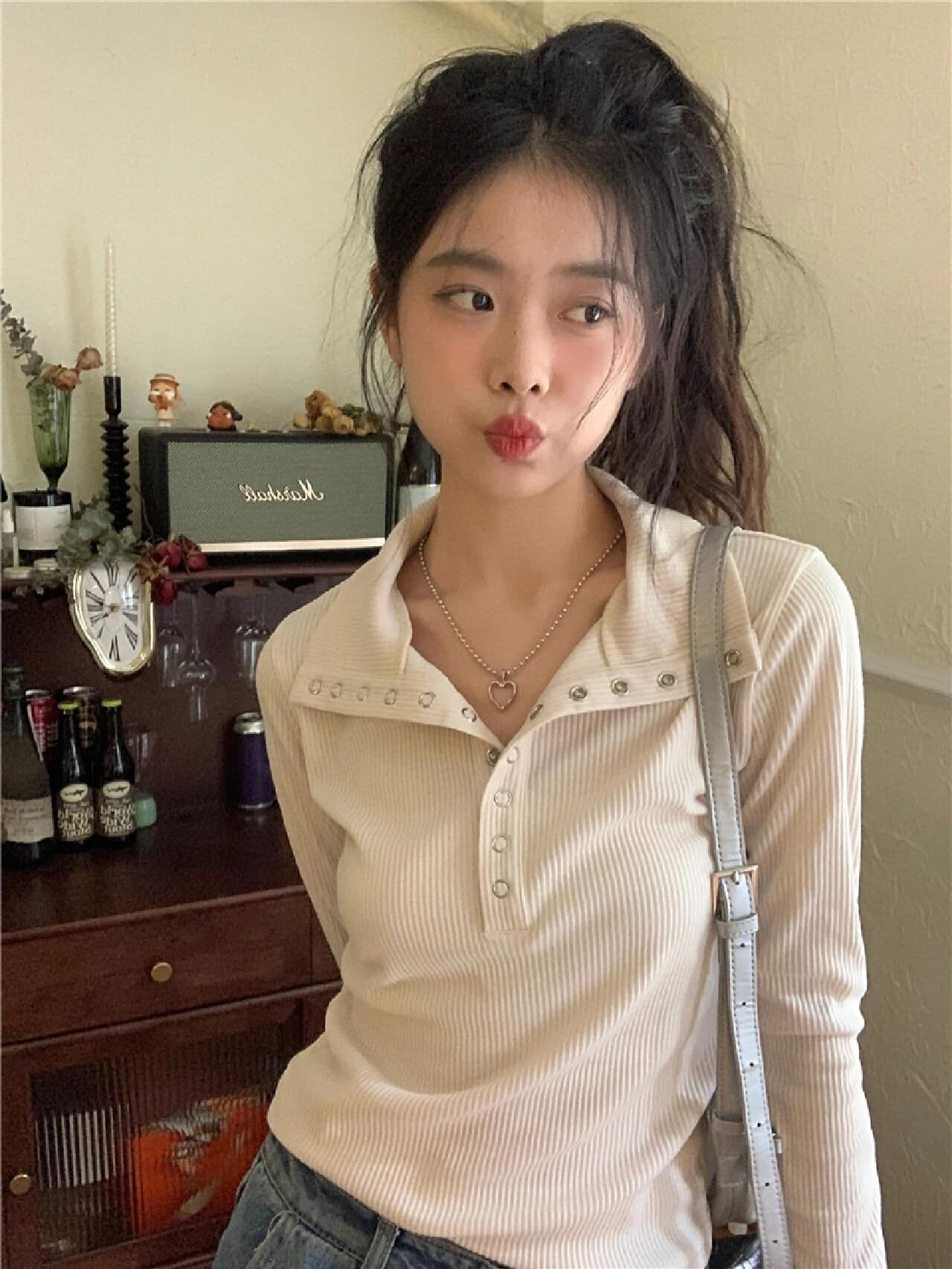 원본 원단 260 그램 사람들 면 한 부서 화이트 V넥 긍정적 인 어깨 의류 여성 가을 고유 한 몸매 가꾸기 이미지 4