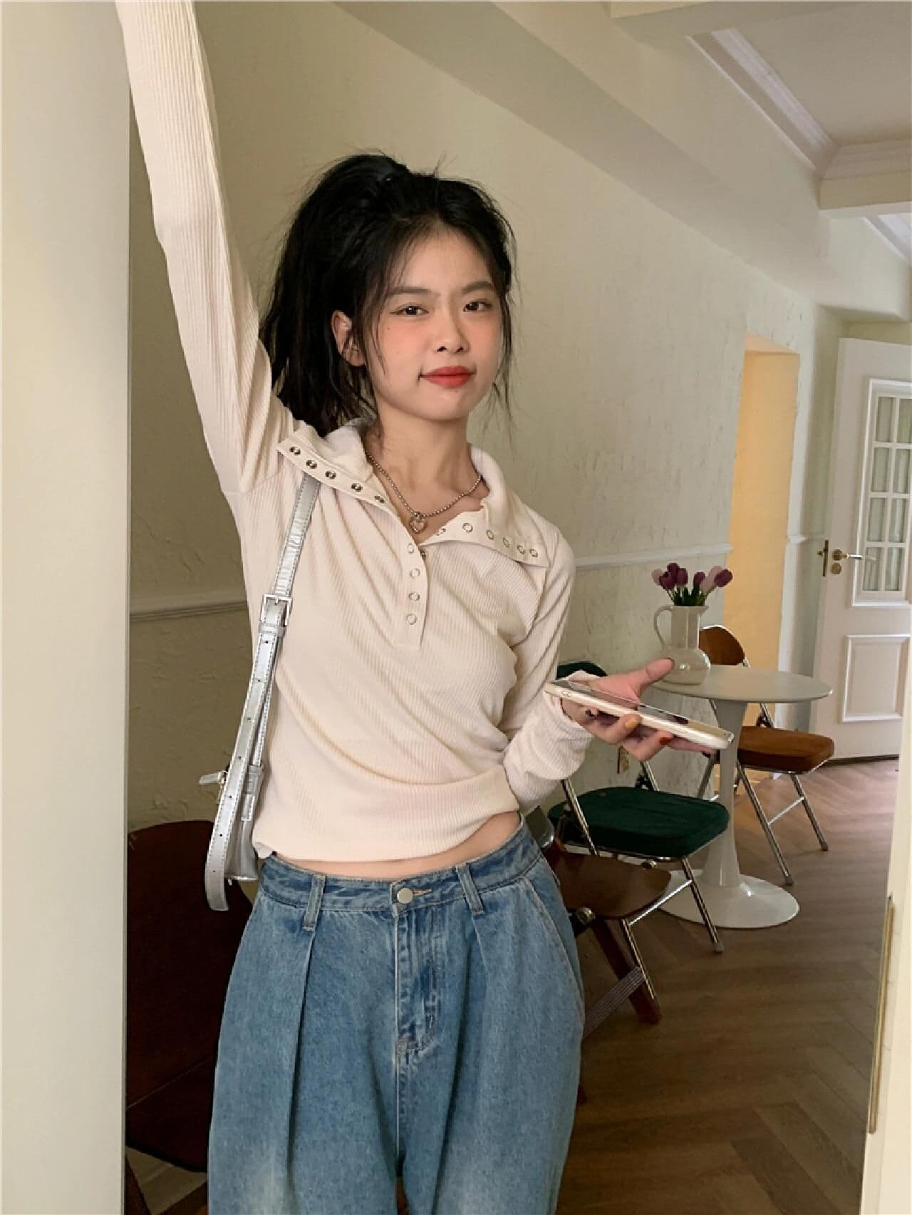 원본 원단 260 그램 사람들 면 한 부서 화이트 V넥 긍정적 인 어깨 의류 여성 가을 고유 한 몸매 가꾸기 상세 이미지 3