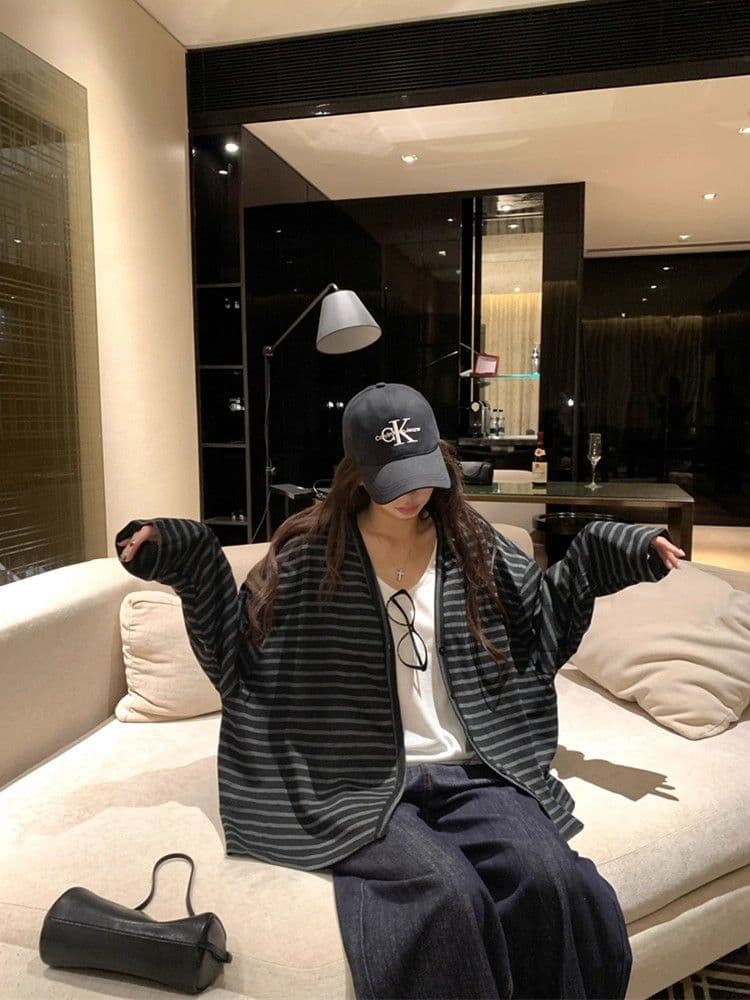 흔들어서 톤 폭발 광저우 원본 원단 컬러 짜임 기사 느긋한 바람 스트라이프 긴팔 여성 코트 가을 루즈핏 이미지 3