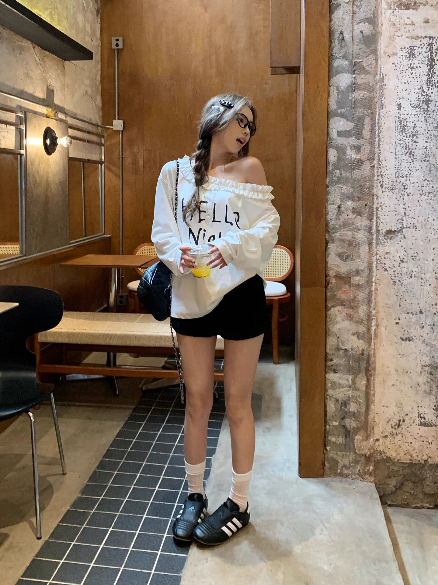 원본 원단 32 260 그램 순면 프릴 티셔츠 가을 인사이드 가져 가라. 루즈핏 캐주얼 알파벳 프린트 이미지 3
