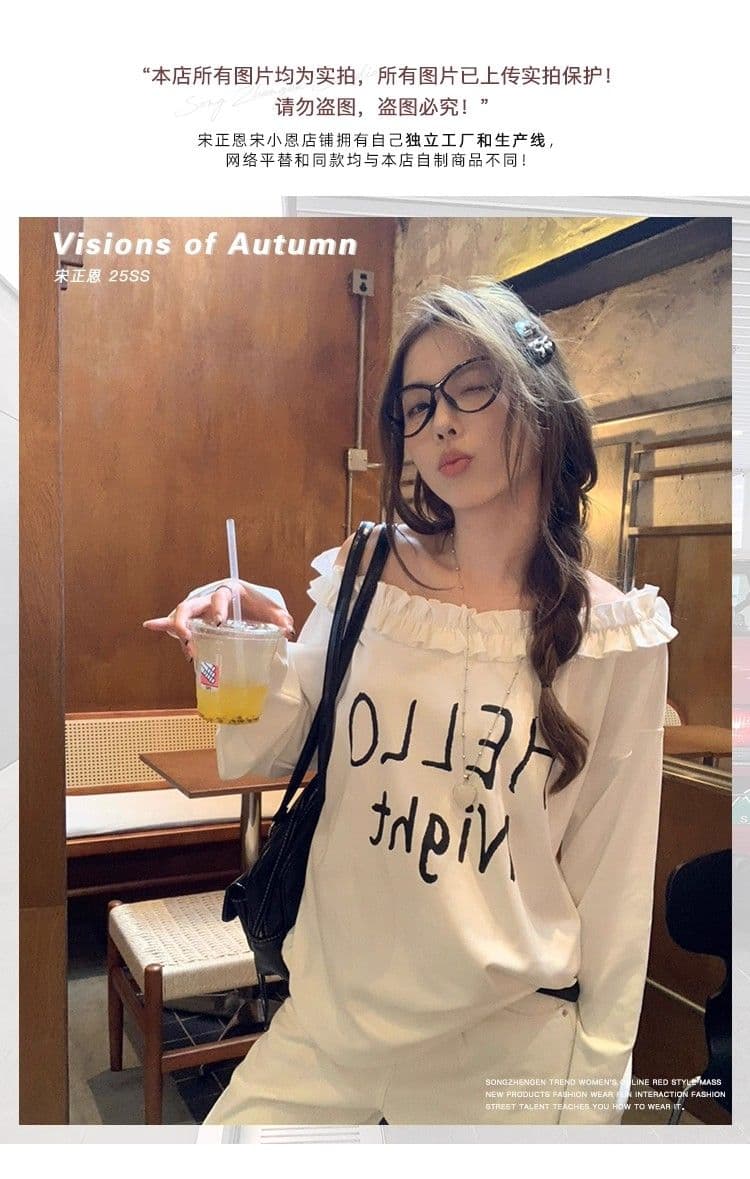 원본 원단 32 260 그램 순면 프릴 티셔츠 가을 인사이드 가져 가라. 루즈핏 캐주얼 알파벳 프린트 상세 이미지 2