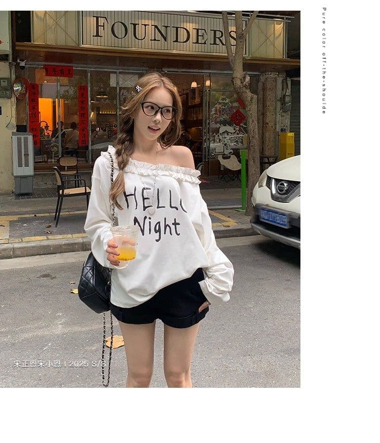 원본 원단 32 260 그램 순면 프릴 티셔츠 가을 인사이드 가져 가라. 루즈핏 캐주얼 알파벳 프린트 상세 이미지 5