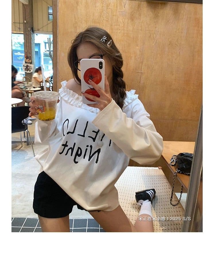 원본 원단 32 260 그램 순면 프릴 티셔츠 가을 인사이드 가져 가라. 루즈핏 캐주얼 알파벳 프린트 상세 이미지 8