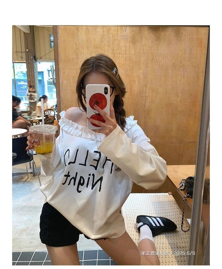 원본 원단 32 260 그램 순면 프릴 티셔츠 가을 인사이드 가져 가라. 루즈핏 캐주얼 알파벳 프린트 상세 이미지 15