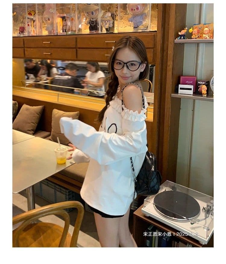 원본 원단 32 260 그램 순면 프릴 티셔츠 가을 인사이드 가져 가라. 루즈핏 캐주얼 알파벳 프린트 상세 이미지 16