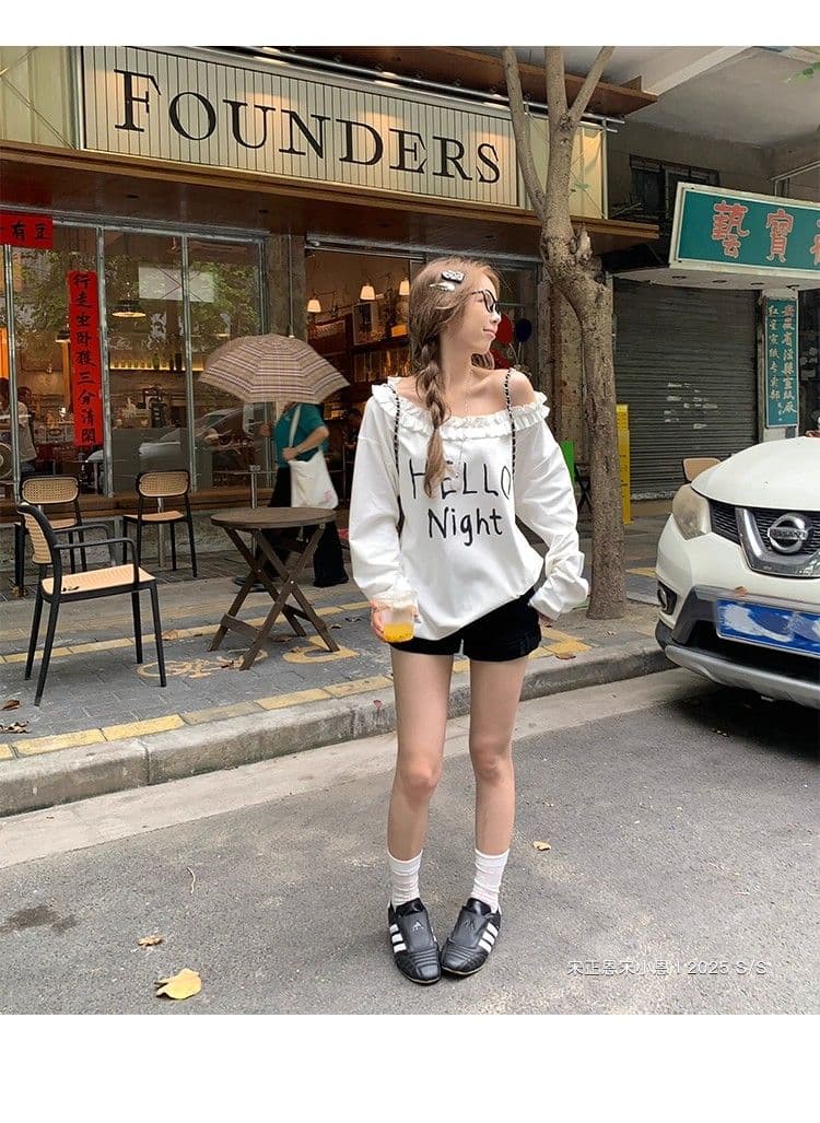 원본 원단 32 260 그램 순면 프릴 티셔츠 가을 인사이드 가져 가라. 루즈핏 캐주얼 알파벳 프린트 상세 이미지 17