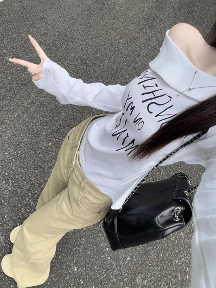 원본 32 순면 260 그램 알파벳 프린트 비스듬한 어깨 긴팔 티셔츠 여성 한 이른 가을 착용 가져 가라. 이미지 2