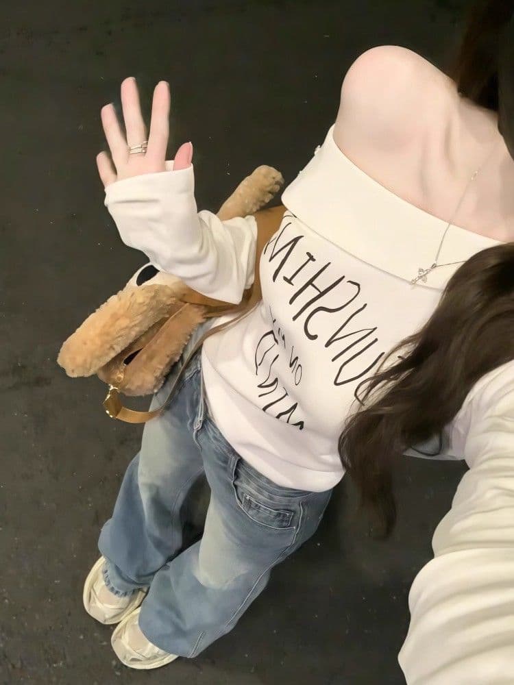 원본 32 순면 260 그램 한 부서 chic 알파벳 프린트 비스듬한 어깨 의류 여성 2026 이미지 2