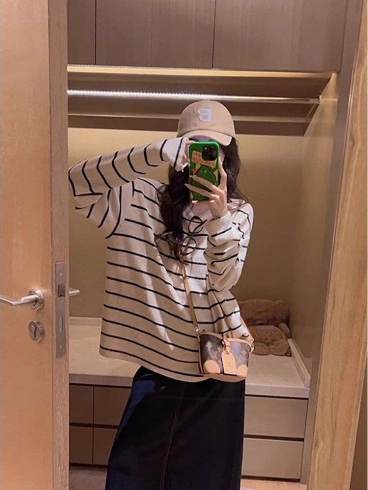 원본 양모 플리스 느낌 새로운 긴팔 플리스 스트라이프 티셔츠 여성 가을 한 부서 루즈핏 표지 고기 이미지 2