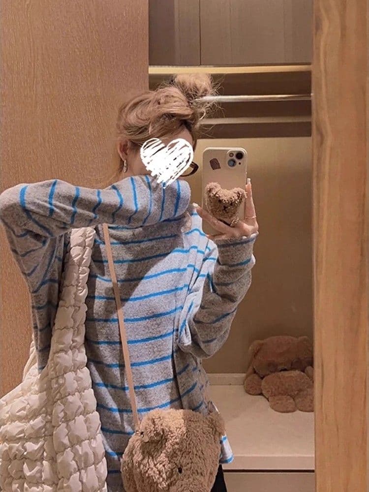 원본 양모 플리스 느낌 새로운 긴팔 플리스 스트라이프 티셔츠 여성 가을 한 부서 루즈핏 표지 고기 상세 이미지 2