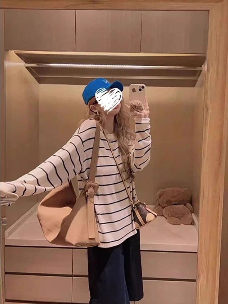원본 양모 플리스 느낌 새로운 긴팔 플리스 스트라이프 티셔츠 여성 가을 한 부서 루즈핏 표지 고기 상세 이미지 3