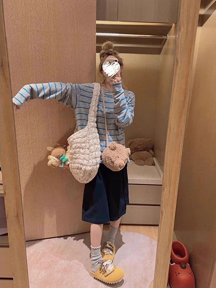 원본 양모 플리스 느낌 새로운 긴팔 플리스 스트라이프 티셔츠 여성 가을 한 부서 루즈핏 표지 고기 상세 이미지 4