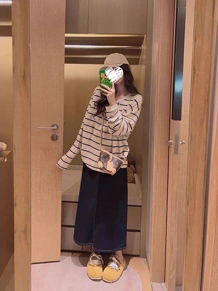 원본 양모 플리스 느낌 새로운 긴팔 플리스 스트라이프 티셔츠 여성 가을 한 부서 루즈핏 표지 고기 상세 이미지 6
