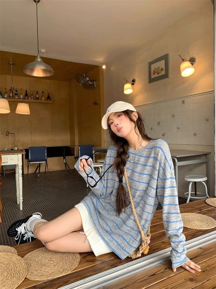 원본 양모 플리스 느낌 레트로 핫걸 바람 스트라이프 긴팔 티셔츠 2026 가을 새로운 루즈핏 상세 이미지 6