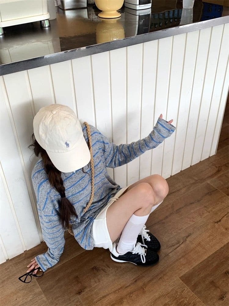원본 양모 플리스 느낌 레트로 핫걸 바람 스트라이프 긴팔 티셔츠 2026 가을 새로운 루즈핏 상세 이미지 10