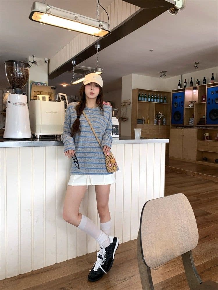 원본 양모 플리스 느낌 레트로 핫걸 바람 스트라이프 긴팔 티셔츠 2026 가을 새로운 루즈핏 상세 이미지 16